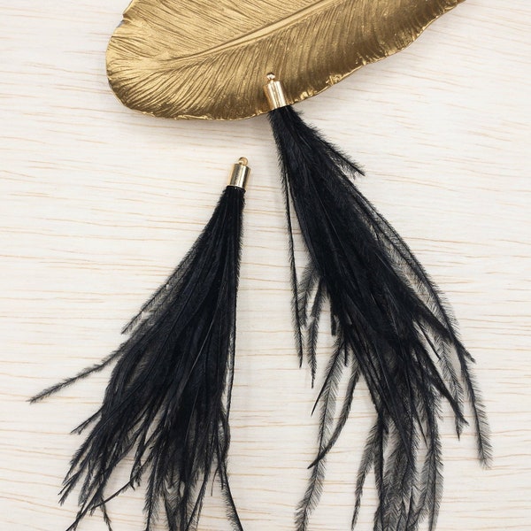 Ostrich Feather Jewelry Tassel in BLACK for Jewelry Making and Crafts, With Gold or Silver Caps, 2 PCs (FOBS001-BK)