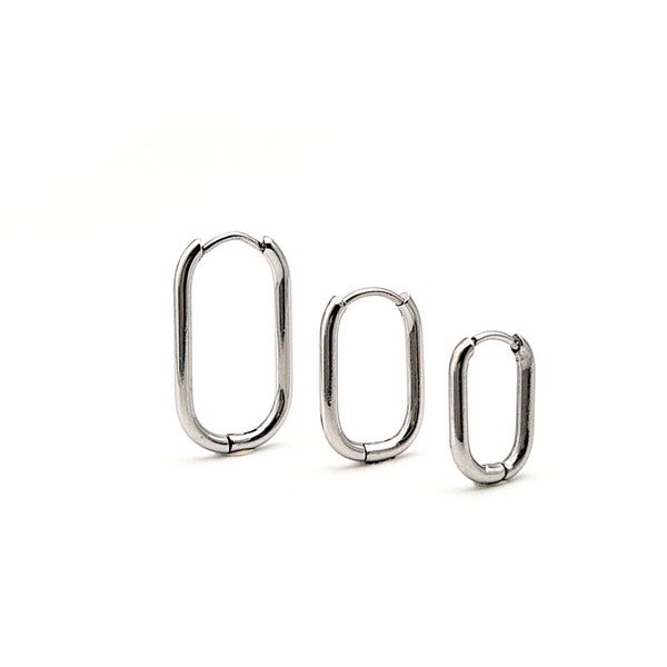 Huggie Hoop One-Touch Surgical Stainless Steel Earrings, 316L Silver Hoop Earrings, Rectangle/ Oval Shape Hoop Earrings (STER0023S)