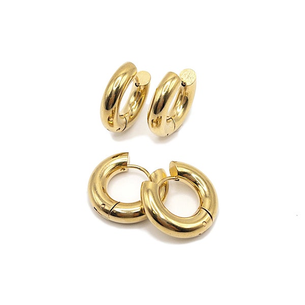 Hypoallergenic Huggie Hoop Made with Surgical Stainless Steel Earrings in 18K Gold PVD Plating, Chunky One-Click Sleeper Earrings