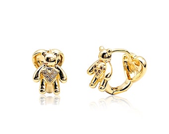 Teddy Bear with CZ Heart and Gold Heart Earrings, 2 Earrings in 1, Lead & Nickle Free in 18K Gold Plated, FINAL SALE by Pair