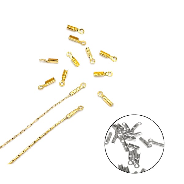 Crimp End Caps in 18K Gold or Stainless Steel, Crimp Ends for 0.8mm Fine Chain, Cord, or Thread, Fold Over End Caps, Pinch End Caps  (F001)