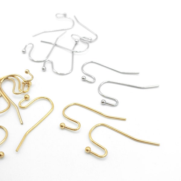 Earring Hook Findings in 316L Stainless Steel, Ear Wire with 2mm Ball, 18K Gold Plated and Steel Color, RETAIL & WHOLESALE (STER-0014G)