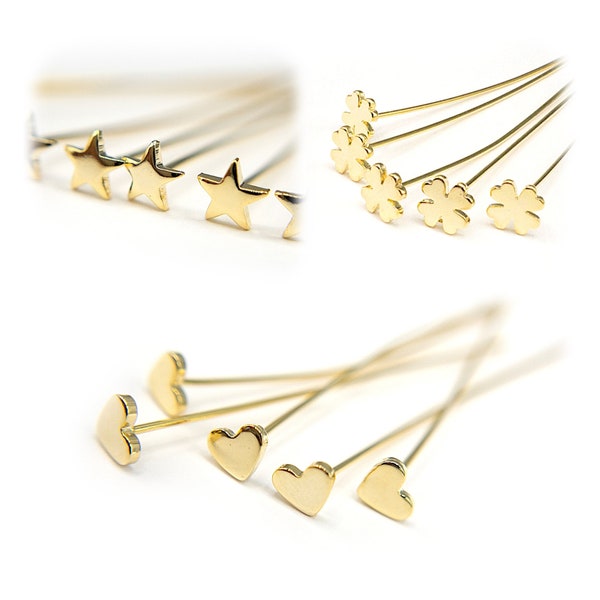 Head Pins for Jewelry Making: Heart Pins, Star Pins, Clover Pins, Anti-tarnish 18K Gold Plating, Lead & Nickel Free, FINAL SALE by 10 Pieces