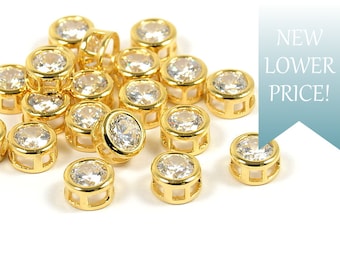 Gold Slide Charms, 7mm, Round Charm, Cubic Zirconia Pendant, Tarnish Resistant Gold Plating Charms, Round CZ Charm, Round CZ Pendants