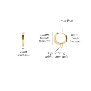 May include: A gold hoop earring with an attached loop, featuring a 12mm outside diameter, 8mm inside diameter, 2mm thickness, 1mm post, and an opened ring with a 1.5mm hole. The image displays the earring from two angles with labels.
