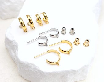 Small Half Hoop Earring Finding, 10PC+ C Shape Studs in 18K Gold or Platinum with Attachment Ring, Nickel Free Earring Findings for DIY