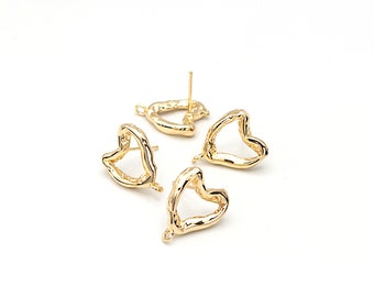 Melting Heart Earring Finding with 925 Silver Posts, Melted Heart Stud Earrings with Loop, Lead Nickel Free & 14K Gold Plating