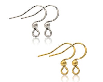 10/50 unidades de ganchos para pendientes hipoalergénicos de 17 mm • Ganchos para pendientes de acero inoxidable 316L con baño de oro PVD de 18 quilates, resistentes al agua y con bola • Componentes para joyería