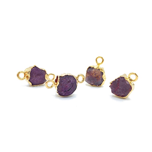 Raw RUBY Gemstone, Dainty JULY Birthstone Pendant / Connector, Rough Cut Birthstone Charm in 24K Gold Plating, 2 PCs (G07)