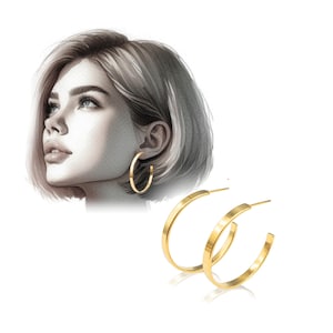 May include: A pair of gold hoop earrings. The earrings are simple and elegant, with a smooth, polished finish.