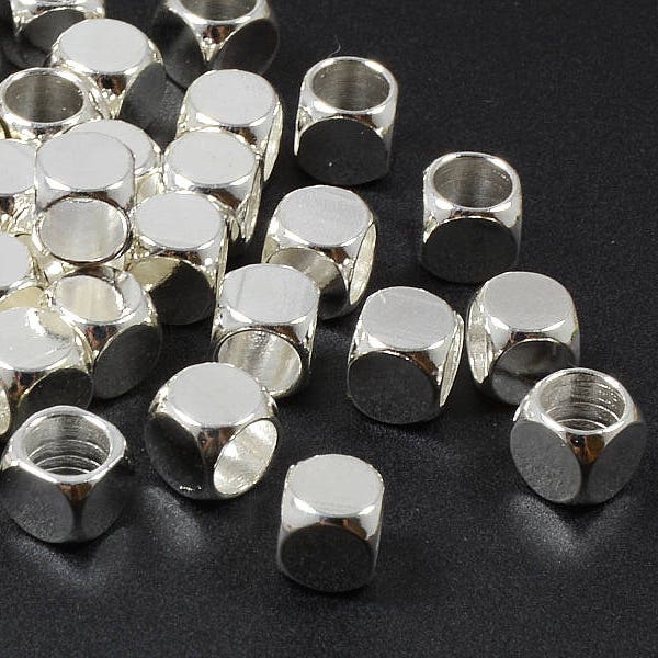 100 PCs Cube Jewelry Beads in STERLING SILVER Plating, 5mm Beads with 4mm Large Hole, Silver Spacer Beads, Bracelet Beads, CLEARANCE Sale