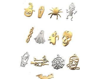 2Pcs Halloween Charm, Allergy Free Gold or Stainless Steel Spooky Pendant (Ghost, Bat, Skull, Pumpkin, Witch) Component, DIY Jewelry Finding