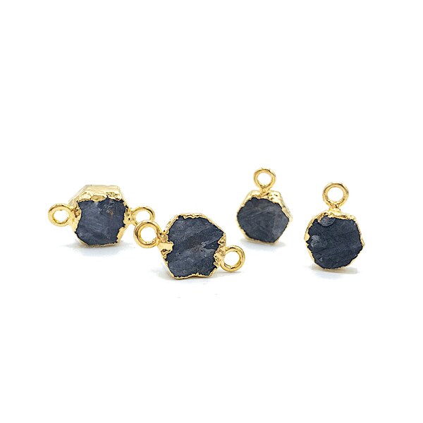 Raw BLUE SAPPHIRE Pendant/ Connector, Dainty SEPTEMBER Birthstone, Rough Cut Birthstone Jewelry Component with 24K Gold Plated Rim, 2 PCs