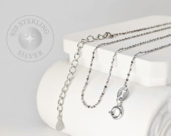 925 Sterling Silver Dainty Sparkle Necklace, 0.9mm Twisted Serpentine Chain with Extender, Rhodium Plated Anti-Tarnish DIY Jewelry (1 Pc)