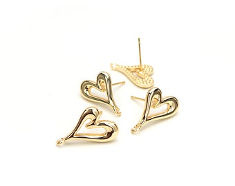 Heart Stud Earring Finding  with Loop for Jewelry Making, Lead Nickel Free with 14K Gold Plated, Wholesale Welcome