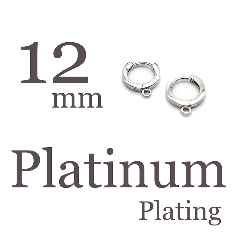 May include: Two silver-toned hoop earrings with a hinged closure and a small loop at the bottom for attaching charms. The text 12 mm and Platinum Plating is displayed next to the earrings, indicating the size and the finish of the metal components.