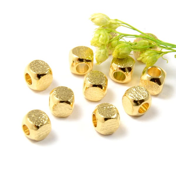 Brushed Cube Jewelry Beads in 22K GOLD Plating, 4mm with 2.5mm Hole, FINAL SALE by 100 Pieces