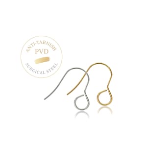 Peut inclure: Deux crochets de boucle d'oreille, un argent&eacute; et un dor&eacute;, pr&eacute;sentant un design en fil incurv&eacute; avec une boucle circulaire &agrave; la base. Un embl&egrave;me circulaire au-dessus affiche le texte ANTI-TARNISH PVD SURGICAL STEEL avec un trait dor&eacute;.