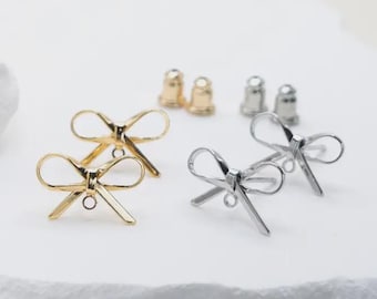 10-50pcs 15mm Bowtie Earring Studs with Loop, 18K Gold Platinum Plated Lead Nickel Free Brass, Coquette Ribbon DIY Jewelry Making Supplies