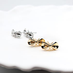 10/50pcs Bow Earring Studs with Loop • 18K Gold or Rhodium Ribbon Bow Tie Posts • Stainless Steel Pin • Coquette DIY Dangle Jewelry Finding