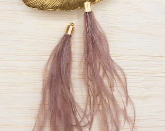 Dusty Pink Ostrich Feather Earrings 15cm • Long 6" Mauve Tassel Drops Gold Silver Cap • Boho Bridal Statement Shoulder Duster Fringe Pair