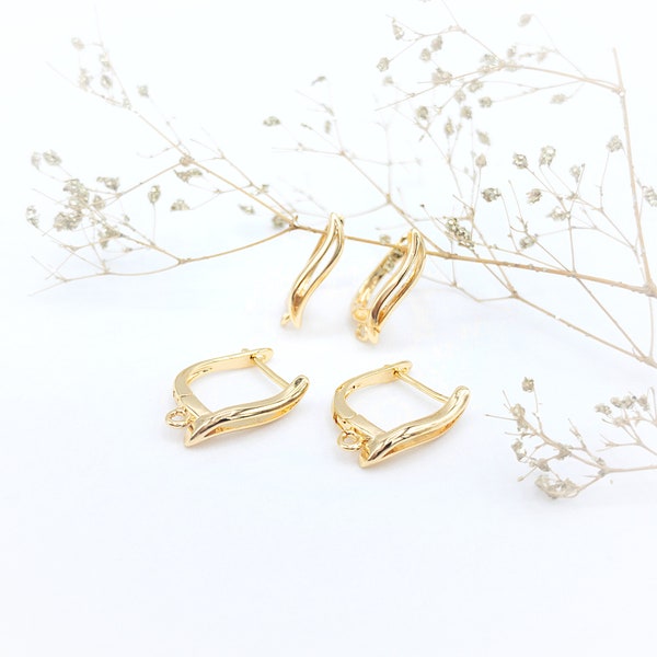 Wavy Earring Finding in Anti Tarnish 18K Gold Plating, Hypoallergenic Brass Latch Back One-Touch Earring Component for Drop & Dangle Earring