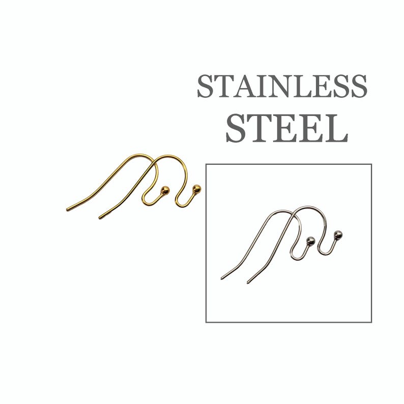 May include: A pair of gold-toned metal earring hooks and a pair of silver-toned metal earring hooks, each featuring a curved wire design with a small ball end. The text STAINLESS STEEL is displayed in the upper right corner of the image.