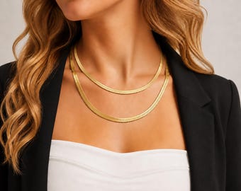 Collar de cadena plana tipo serpiente impermeable de oro PVD de 18 quilates (1-5 unidades), gargantilla de espiga de 4 o 5 mm, joyería minimalista de acero inoxidable hipoalergénica.