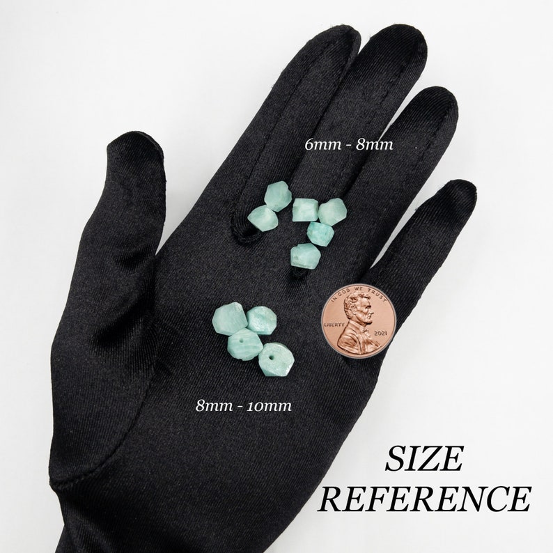 May include: A collection of light green, irregularly shaped beads. One group is labeled 6mm - 8mm and another 8mm - 10mm. A copper-colored US penny is included for scale, with the text SIZE REFERENCE visible in the lower right corner.