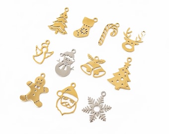 2pcs Hypoallergenic Christmas Charms (Santa, Snowman, Angel, Stockings, Snowflake), 18K Plated or Plain for Holiday Jewelry Findings for DIY