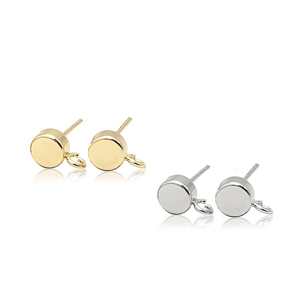 Round Earring Findings in 18K Gold or Platinum Plating with 925 Silver Studs and Open Loop for Drop or Dangle Earrings, Ear Nuts Included
