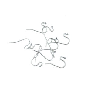May include: A collection of silver-toned metal earring hooks, each featuring a curved wire design with a small decorative ball at the end. These jewelry findings are shaped for insertion into the earlobe and are used for crafting hanging earrings.