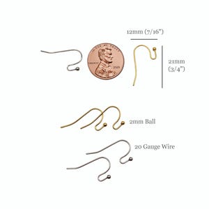 May include: A collection of metal earring hooks featuring a 2mm ball end and 20 gauge wire. The hooks measure 12mm (7/16 inches) in width and 21mm (3/4 inches) in height, shown alongside a US penny for scale to demonstrate the physical dimensions.