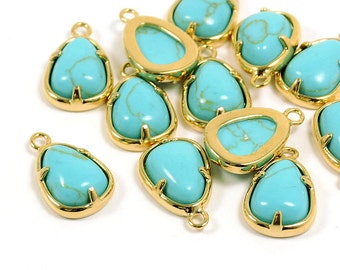 CLEARANCE! Teardrop Pendant, Gemstone Pendant, Turquoise Color Charm, Tarnish Resist Gold Frame, 1.5mm Hole, RETAIL - 2 PCS/ order