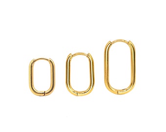 Rectangle Oval Huggie Hoop One-Touch Earrings Made with Hypoallergic Surgical Steel in 18K Gold PVD Plating, Hinge Hoop Earring (STER-0023G)