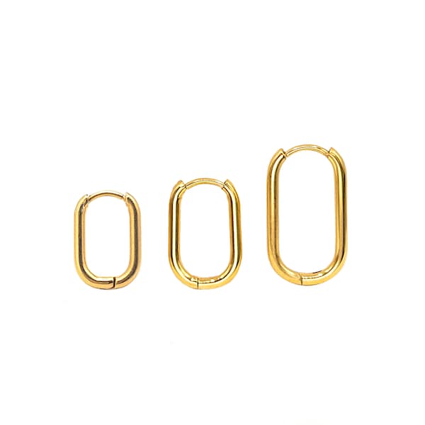 Rectangle Oval Huggie Hoop One-Touch Earrings Made with Hypoallergic Surgical Steel in 18K Gold PVD Plating, Hinge Hoop Earring (STER-0023G)