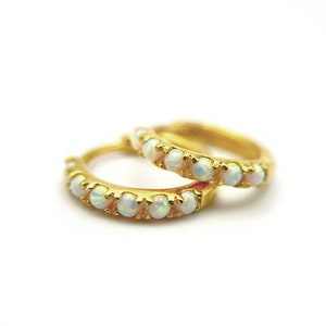 May include: A pair of gold hoop earrings with a row of white opal stones around the edge.