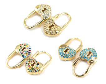 Padlock Earrings in Heart Shape, 18K Gold with Multi Color or Turquoise Cubic Zirconia, Great Valentine's Day Gift, FINAL SALE by 2 Pieces