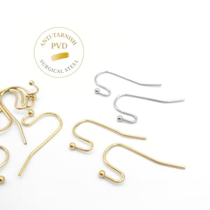 Earring Hook Findings, 10PCs+ Hypoallergenic Stainless Steel Earring Wire with 2mm Stopper Ball, Anti-tarnish 18K Gold Plated or Steel Color