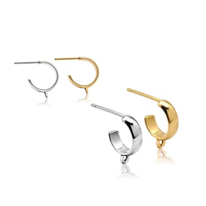 10/50 Pcs Gold or Silver C-Hoop Studs with Open Loop, Bulk Huggie Earring Findings, 10mm 13mm Chunky Earring Blanks for DIY Dangles