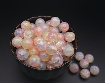 Flashy Opalite Pink-Yellow Color Glass Beads for Jewelry Making, Opalescence Cracked Glass Beads, Round in 10mm with 1.8mm Drill Hole
