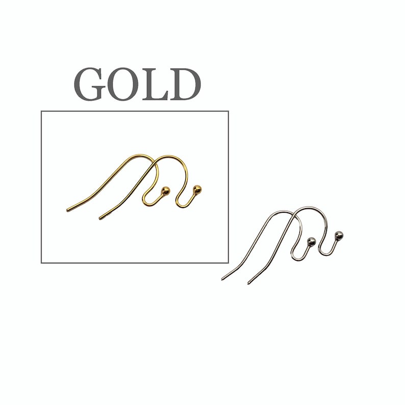 May include: A pair of gold-toned metal earring hooks with a small ball accent at the end, displayed within a box labeled GOLD. Beside the box is a pair of silver-toned metal earring hooks with a matching small ball accent at the end.