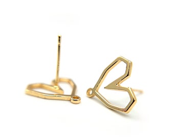 Geometric Hollow Heart Stud Earring with Loop, Small Heart Earring Findings, Lead & Nickel Free with 14K Gold Plating, Wholesale Welcome
