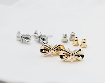 10/50pcs Bow Earring Studs with Loop • 18K Gold or Platinum Ribbon Bow Tie Posts • Stainless Steel Pin • Coquette DIY Dangle Jewelry Finding