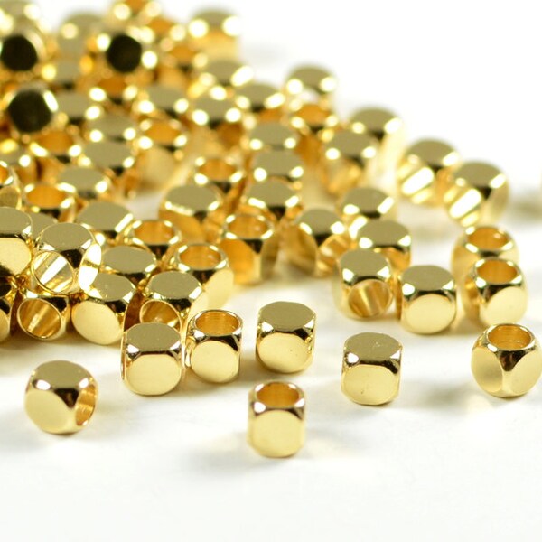 Round Cube Jewelry Beads in 22K GOLD Plating,  3mm with 1.7mm Large Hole, 200 Pieces, CLEARANCE (B002-3MMG200)