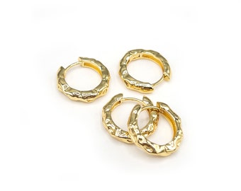 2pcs 15mm Organic Chunky Clicker Hoop Earrings, 18K Gold Plated Lead Free Brass, Sculptural Molten Textured Huggie Statement Hoops