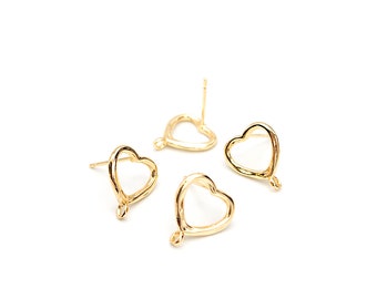 Simple Hollow Heart Stud Earring with Loop, Small Heart Earring Findings, Lead & Nickel Free with 14K Gold Plating, Wholesale Welcome