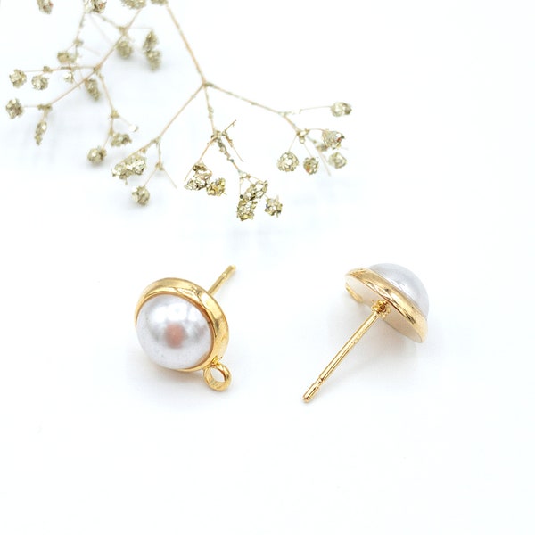 Pearl Round Earring Post in Gold Plating with 925 Silver Posts, With Ear Nuts and Imitation Pearl, Retail and Wholesale (BRSSER-0017G)