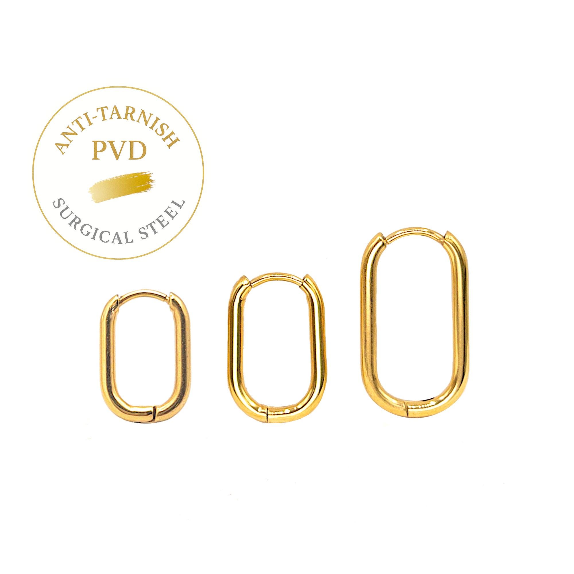 Oval Huggie Hoop Earrings, 10PCs+ Rectangle Hypoallergenic Surgical Steel in 18K Anti-tarnish Gold PVD Plating, Hinge Hoop Earring