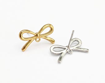 10pcs 18mm Coquette Bow Earring Studs with Loop, 18K Gold Platinum Plated Lead Nickel Free Brass Ribbon Post DIY Jewelry Making Supply Bulk
